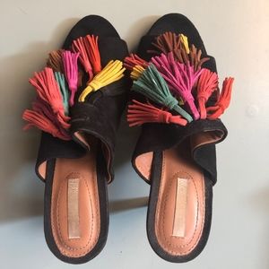 H&M Black Suede Tassel Mule Heels Size 7